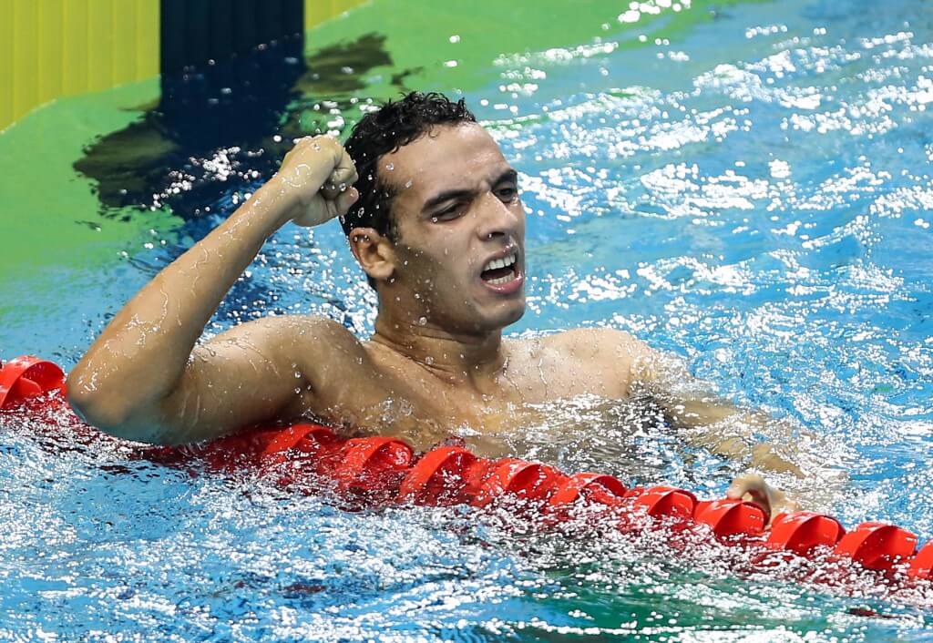 (140821) -- NANJING, Aug. 21, 2014 (Xinhua) -- Gold Medalist Ahmed Mahmoud of Egypt celebrates after the Men's 800m Freestyle of swimming event at the Nanjing 2014 Youth Olympic Games in Nanjing, capital of east China's Jiangsu Province, on Aug. 21, 2014. (Xinhua/Yang Lei)(wyj)