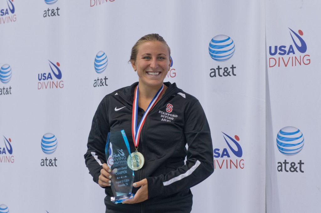 KNOXVILLE, TN - August 17, 2014: Arial Rittenhouse Receives the overall award during the 2014 USA Senior Diving National Event Finals at Allan Jones Aquatic Center in Knoxville, TN. Photo By Matthew S. DeMaria