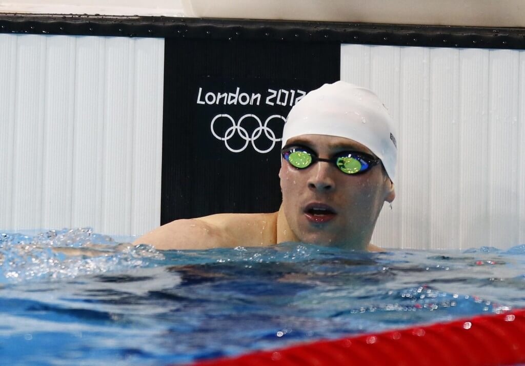 Jul 29, 2012; London, United Kingdom; Paul Biedermann (GER) reacts after winning his heat in the men's 200m freestyle semifinal during the London 2012 Olympic Games at Aquatics Centre. Mandatory Credit: Rob Schumacher-USA TODAY Sports