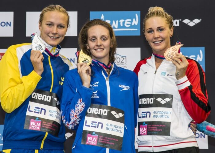 SJOESTROEM Sarah SWE Silver Medal (L) HALSALL Francesca GBR Gold Medal OTTESEN Jeanette DEN Bronze Medal 50m Freestyle Women Final 32nd LEN European Championships Berlin, Germany 2014 Aug.13 th - Aug. 24 th Day12 - Aug. 24 Photo G. Scala/Deepbluemedia/Inside