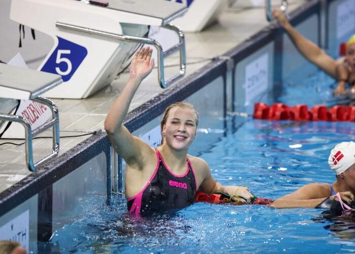 Swimming - Prudential Singapore Swim Stars 2014 - OCBC Aquatic Centre, Singapore Sports Hub, Singapore - 5/9/14 100m Breaststroke - Ruta Meilutyte of Lithuania celebrates her win Mandatory Credit: Action Images / Norman Ng Livepic EDITORIAL USE ONLY.