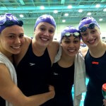 Northwestern's 400 free relay consisting of (from left to right) Annika Winsnes (49.48), Mary Warren (49.78), Aja Malone (50.78), and Anna Keane (50.32) after breaking the pool record by nearly two seconds.