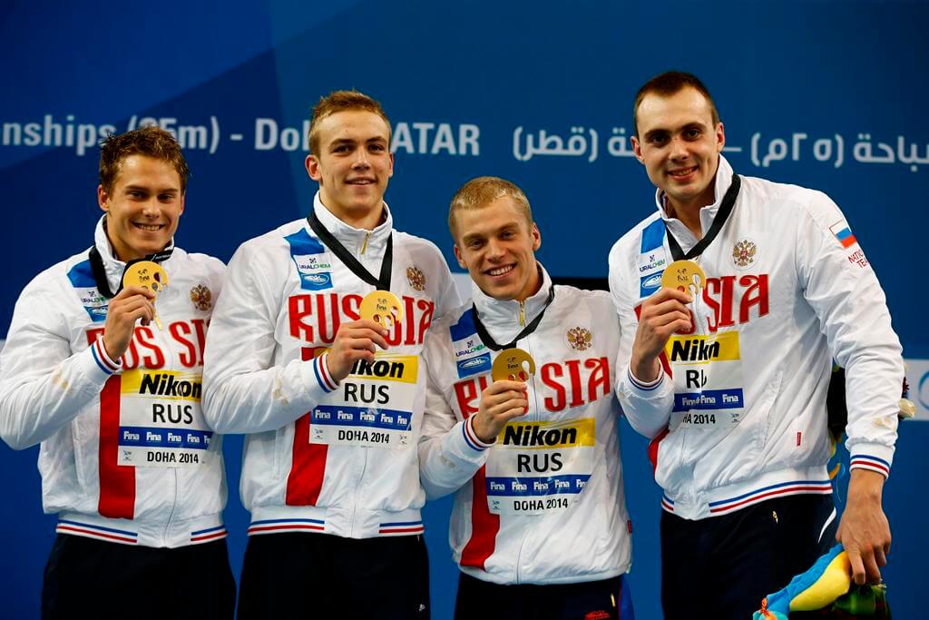 Russia 200 free relay world record at Worlds Doha 2014