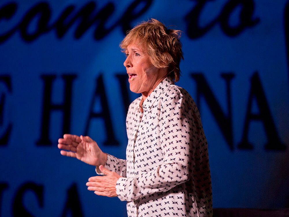 Endurance swimmer Diana Nyad performs Thursday, Feb. 19, 2015, during her one-woman play that re-creates her 111-mile swim from Cuba to Key West in a Key West, Fla., theater near the beach where she concluded the record-setting feat in September 2013. 