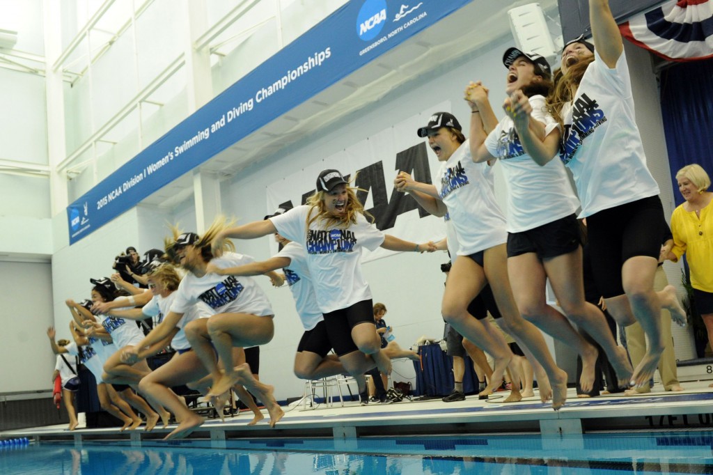 Mar 21, 2015; Greensboro, NC, USA; Missy Franklin and the California Golden Bears celebrate after winning the NCAA Division I Swimming and Diving-Championships at Greensboro Aquatic Center. Mandatory Credit: Evan Pike-USA TODAY Sports