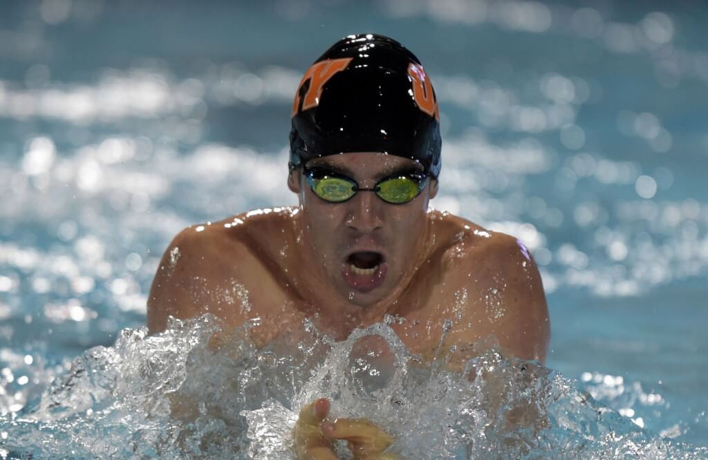 Feb 22, 2015; Whittier, CA, USA; Hank Franscioni of Occidental College competes in the 200-yard breaststrokeat the SCIAC swimming championships at Whittier College. Mandatory Credit: Kirby Lee-USA TODAY Sports