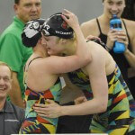 Mar 21, 2015; Greensboro, NC, USA; Kelsi Worrell hugs teammate Tanja Kylliainen after winning the 200 butterfly during NCAA Division I Swimming and Diving-Championships at Greensboro Aquatic Center. Mandatory Credit: Evan Pike-USA TODAY Sports