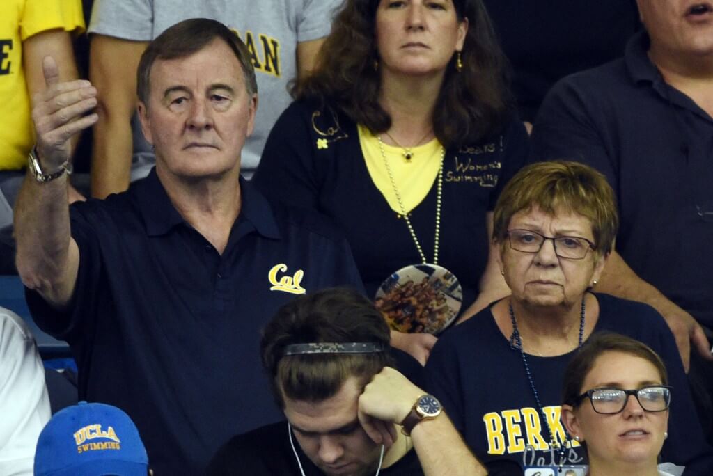 Mar 21, 2015; Greensboro, NC, USA; Dick Franklin and DA Franklin watching daughter Missy Franklin in 400m freestyle relay during NCAA Division I Swimming and Diving-Championships at Greensboro Aquatic Center. Mandatory Credit: Evan Pike-USA TODAY Sports-crissy-perham