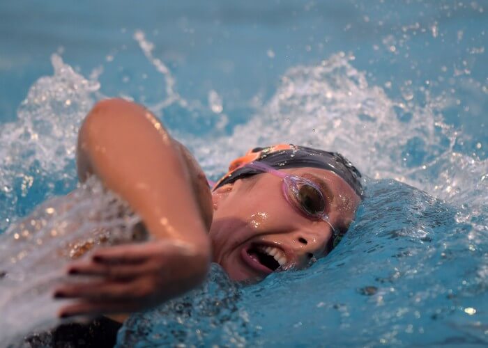 Feb 22, 2015; Whittier, CA, USA; Rose Seabrook of Occidental College competes in the womens 1,650-yard freestyle in the SCIAC swimming championships at Whittier College. Mandatory Credit: Kirby Lee-USA TODAY Sports