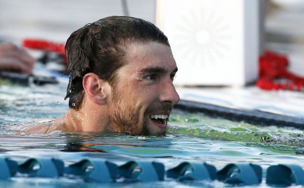 Michael Phelps after the 100 butterfly final at the 2015 Arena Pro Swim Series in Mesa