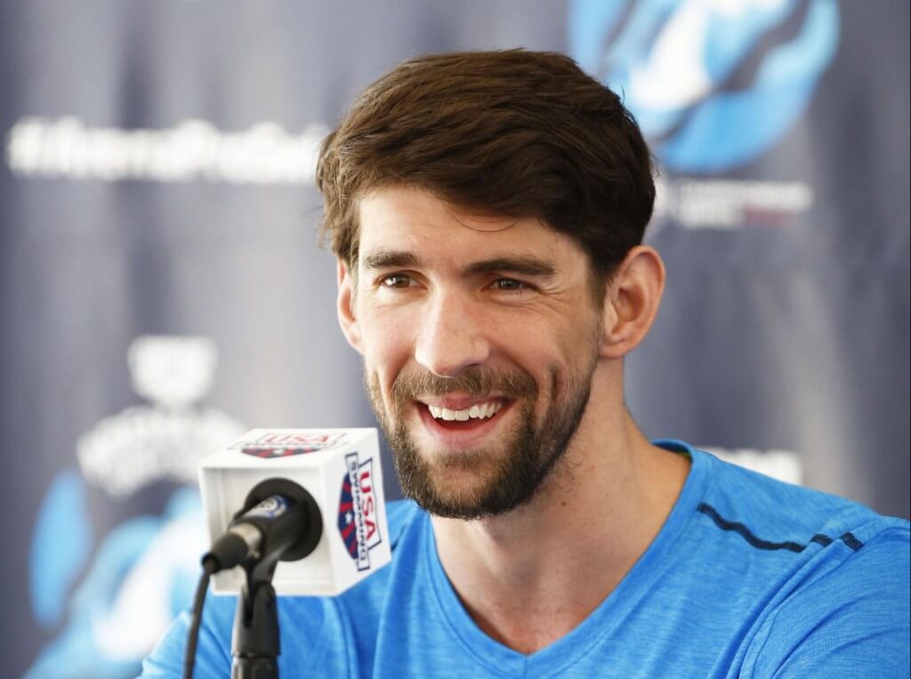 Apr 15, 2015; Mesa, AZ, USA; 18-time Olympic gold medalist Michael Phelps holds a press conference at the Arena Pro Swim Series at Skyline Aquatic Center in Mesa, AZ. Phelps, 29, returns from a six-month suspension by USA Swimming after his arrest Sept. 30 when he was accused of driving under the influence. Phelps pleaded guilty to that charge in December was sentenced to 18 months supervised probation in lieu of one year in prison. The probation includes random drug and alcohol testing. Phelps also completed a 45-day treatment program in Arizona. Mandatory Credit: Rob Schumacher/Arizona Republic via USA TODAY Sports