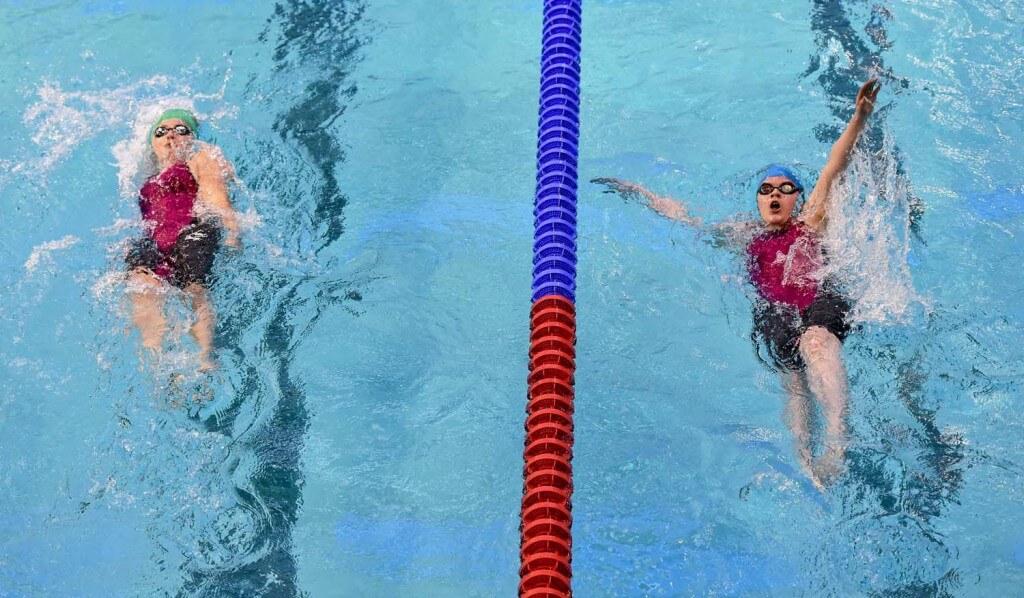 2 May 2015; Emma Cassidy, Sunday's Well, left, and Laoise Felming, Kells, compete in the final of the women's 200m backstroke event during the 2015 Irish Open Swimming Championships at the National Aquatic Centre, Abbotstown, Dublin. Picture credit: Stephen McCarthy / SPORTSFILE