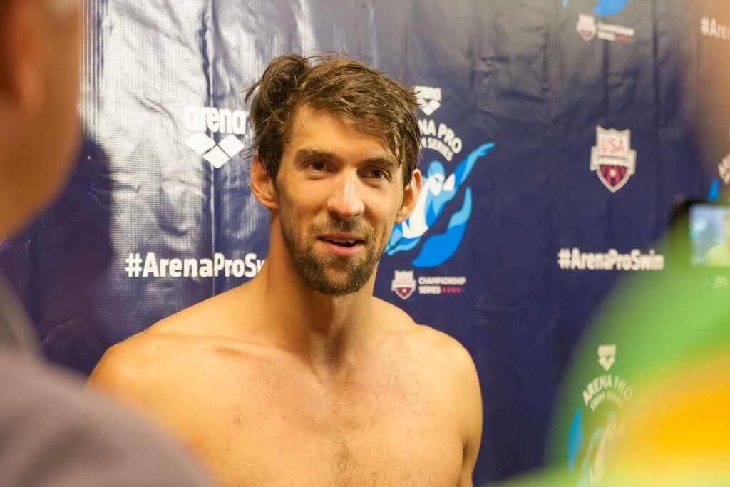 May 15, 2015; Charlotte, NC, USA; Michael Phelps speaks with the media after the finals at the Mecklenburg County Aquatic Center. Mandatory Credit: Jeremy Brevard-USA TODAY Sports