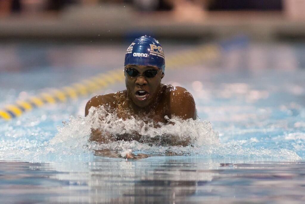 May 15, 2015; Charlotte, NC, USA; Reece Whitley swims the 100 LC Meter Breastroke during the finals at the Mecklenburg County Aquatic Center. Mandatory Credit: Jeremy Brevard-USA TODAY Sports
