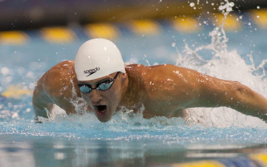May 15, 2015; Charlotte, NC, USA; Ryan Lochte swims the 100 LC Meter Butterfly during the finals at the Mecklenburg County Aquatic Center. Mandatory Credit: Jeremy Brevard-USA TODAY Sports