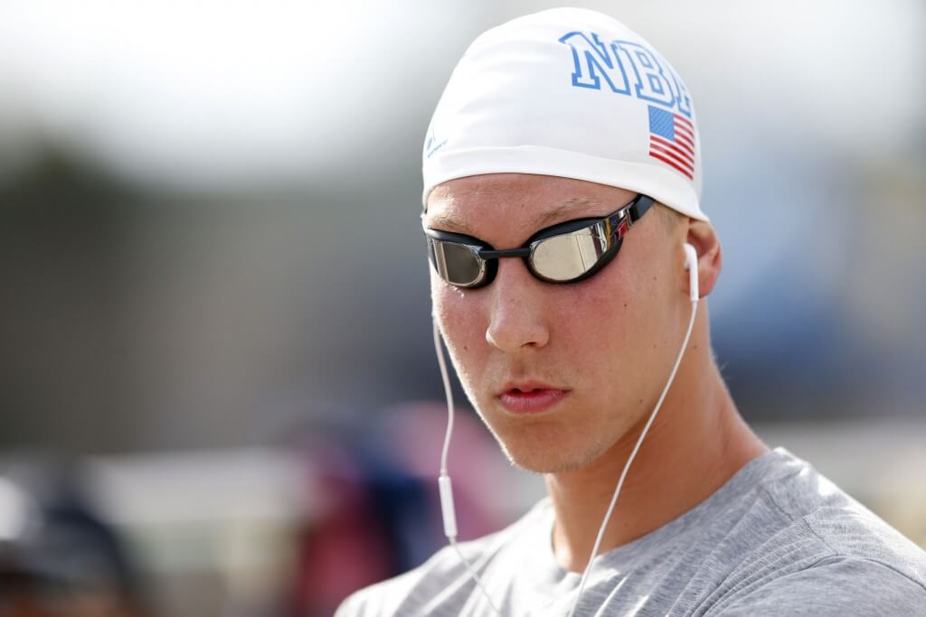 Jun 20, 2015; Santa Clara, CA, USA; Chase Kalisz (USA) on deck before his heat of the Men's 200M Butterfly during the Championship Finals in evening session of Day 3 at the George F. Haines International Swim Center in Santa Clara, Calif. Mandatory Credit: Bob Stanton-USA TODAY Sports