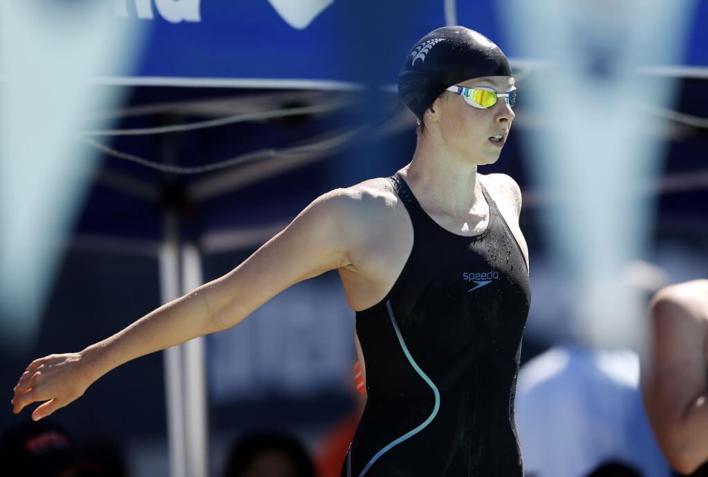 Jun 18, 2015; Santa Clara, CA, USA; Lauren Boyle of New Zealand wins the women's 1500M fFreestyle championship final during day one of the Arena Pro Series at Santa Clara at the George F. Haines International Swim Center. Mandatory Credit: Bob Stanton-USA TODAY Sports