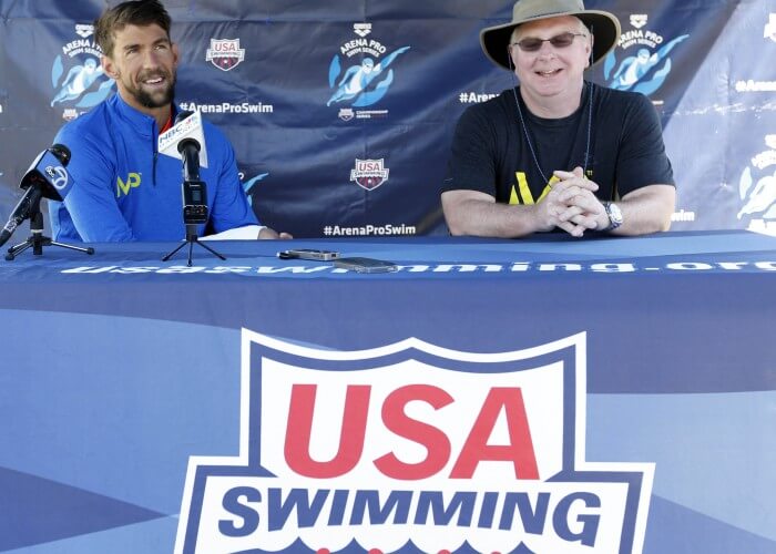 Jun 18, 2015; Santa Clara, CA, USA; Michael Phelps (USA) on left, and Bob Bowman head swimming coach of the Arizona State Sun Devils, answer questions during the morning press conference on day one of the Arena Pro Series at Santa Clara, at the George F. Haines International Swim Center in Santa Clara, Calif. Mandatory Credit: Bob Stanton-USA TODAY Sports