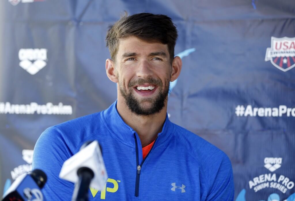 Jun 18, 2015; Santa Clara, CA, USA; Michael Phelps (USA) answers questions during the morning press conference on day one of the Arena Pro Series at Santa Clara, at the George F. Haines International Swim Center in Santa Clara, Calif. Mandatory Credit: Bob Stanton-USA TODAY Sports