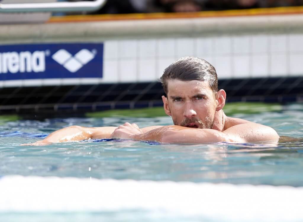 Jun 20, 2015; Santa Clara, CA, USA; Michael Phelps (USA ) checks his time after winning the Men's 200M Butterly in a time of 1:57.62 during the Championship Finals in evening session of Day 3 at the George F. Haines International Swim Center in Santa Clara, Calif. Mandatory Credit: Bob Stanton-USA TODAY Sports