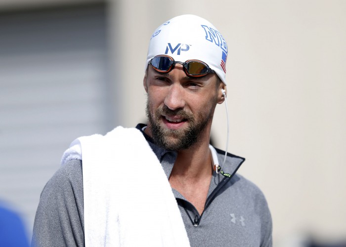 Jun 20, 2015; Santa Clara, CA, USA; Michael Phelps (USA) on deck before his final in the Men's 200M Butterly during the Championship Finals in evening session of Day 3 at the George F. Haines International Swim Center in Santa Clara, Calif. Mandatory Credit: Bob Stanton-USA TODAY Sports