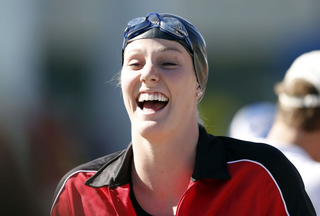 Jun 19, 2015; Santa Clara, CA, USA; Missy Franklin on deck before the start of the Women's 200M Final of the 200M freestyle at the George F. Haines International Swim Center in Santa Clara, Calif. Mandatory Credit: Bob Stanton-USA TODAY Sports