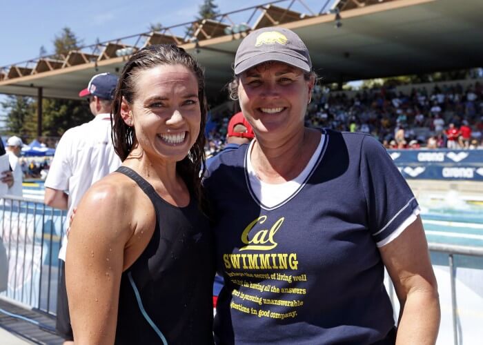 Jun 18, 2015; Santa Clara, CA, USA; Natalie Coughlin (USA) poses her coach Teri McKeever during day two of the Arena Pro Series at Santa Clara at the George F. Haines International Swim Center. Mandatory Credit: Bob Stanton-USA TODAY Sports