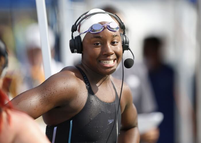 Jun 20, 2015; Santa Clara, CA, USA; Simone Manuel (USA) wins the Women's 50M Freestyle in a time of 24.75 during the Championship Finals in evening session of Day 3 at the George F. Haines International Swim Center in Santa Clara, Calif. Mandatory Credit: Bob Stanton-USA TODAY Sports