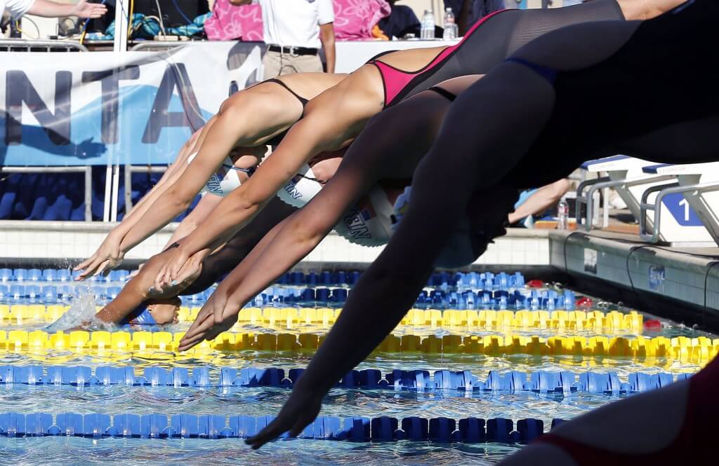 Jun 21, 2015; Santa Clara, CA, USA; Start of the Women's 800M Freestyle champion ship heat during the Championship Finals of day four at the George F. Haines International Swim Center. Mandatory Credit: Bob Stanton-USA TODAY Sports