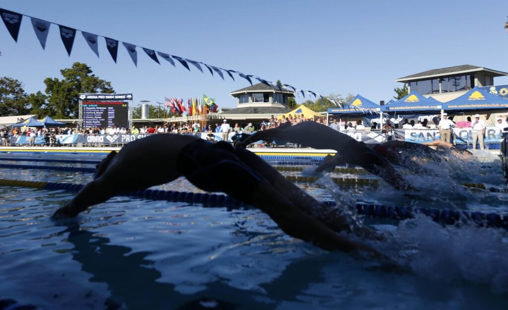 Jun 21, 2015; Santa Clara, CA, USA; Start of the Men's 200M Backstroke final during the Championship Finals of day four at the George F. Haines International Swim Center. Mandatory Credit: Bob Stanton-USA TODAY Sports