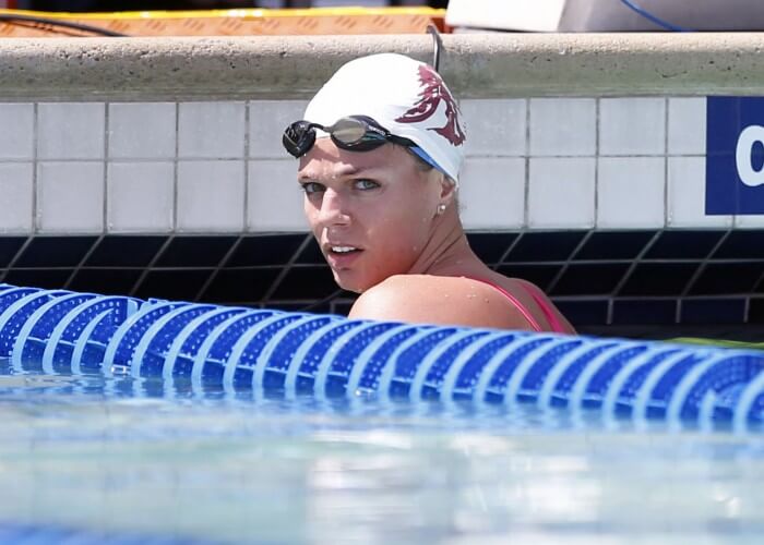 Jun 20, 2015; Santa Clara, CA, USA; Yulia Efimova (RUS) checks her time after completing the final qualifying heat of the Women 200M Breaststroke during the morning session at the George F. Haines International Swim Center in Santa Clara, Calif. Mandatory Credit: Bob Stanton-USA TODAY Sports