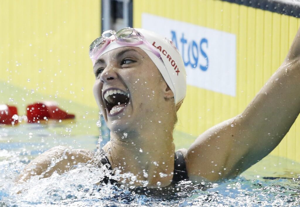 Jul 14, 2015; Toronto, Ontario, CAN; Audrey Lacroix of Canada celebrates after winning the women's 200m butterfly swimming final during the 2015 Pan Am Games at Pan Am Aquatics UTS Centre and Field House. Mandatory Credit: Erich Schlegel-USA TODAY Sports