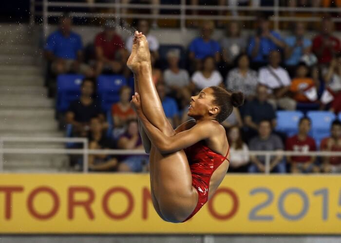 Jul 13, 2015; Toronto, Ontario, USA; Jennifer Abel of Canada competes in the women's 3m springboard final during the 2015 Pan Am Games at Pan Am Aquatics UTS Centre and Field House. Mandatory Credit: Rob Schumacher-USA TODAY Sports