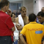 Jul 15, 2015; Toronto, Ontario, CAN; Michael Weiss of the the United States talks with officials after being disqualified form the men’s 4x200m freestyle relay final for having his fingers taped during the 2015 Pan Am Games at Pan Am Aquatics UTS Centre and Field House. Mandatory Credit: Rob Schumacher-USA TODAY Sports