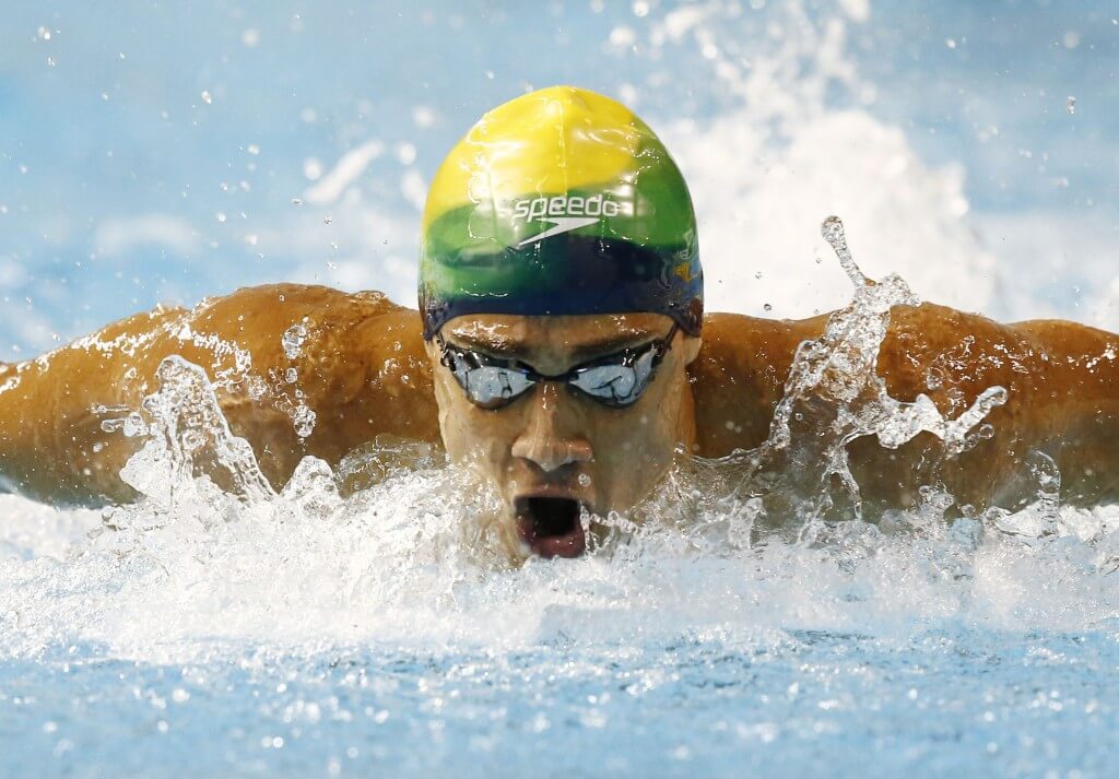 Jul 14, 2015; Toronto, Ontario, CAN; Leonardo De Deus of Brazil competes in the men's 200m butterfly swimming preliminaries during the 2015 Pan Am Games at Pan Am Aquatics UTS Centre and Field House. Mandatory Credit: Rob Schumacher-USA TODAY Sports