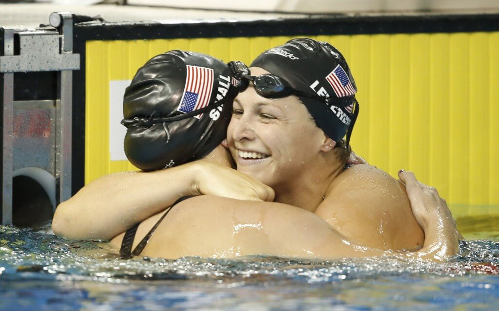 Jul 18, 2015; Toronto, Ontario, CAN; Caitlin Leverenz of the United States (right) and Meghan Small of the United States (left) celebrate after placing first and second respectively in the women's swimming 200m individual medley final during the 2015 Pan Am Games at Pan Am Aquatics UTS Centre and Field House. Mandatory Credit: Erich Schlegel-USA TODAY Sports