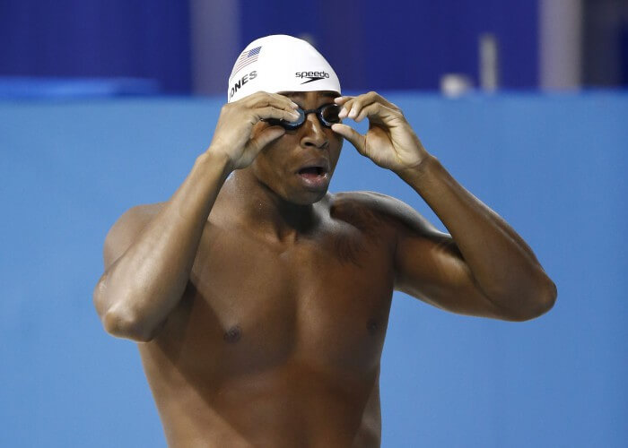Jul 14, 2015; Toronto, Ontario, CAN; Cullen Jones of the United States before the men's 100m freestyle swimming preliminaries during the 2015 Pan Am Games at Pan Am Aquatics UTS Centre and Field House. Mandatory Credit: Rob Schumacher-USA TODAY Sports