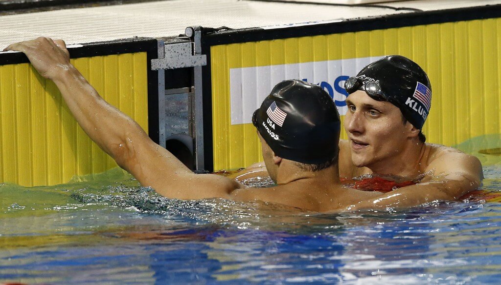 Jul 15, 2015; Toronto, Ontario, CAN; Michael Weiss and Michael Klueh of the United States after the men’s 200m freestyle final during the 2015 Pan Am Games at Pan Am Aquatics UTS Centre and Field House. Mandatory Credit: Rob Schumacher-USA TODAY Sports