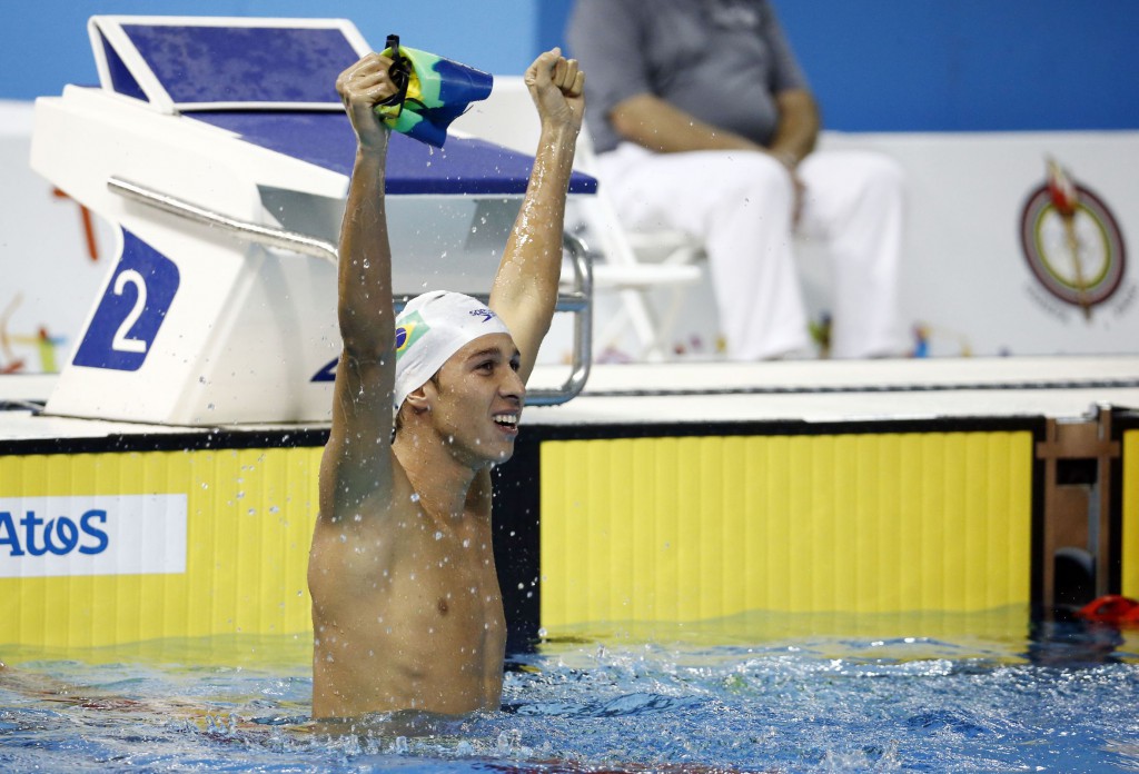Jul 16, 2015; Toronto, Ontario, CAN; Brandonn Almeida of Brazil celebrates after winning the men's swimming 400m individual medley final during the 2015 Pan Am Games at Pan Am Aquatics UTS Centre and Field House. Mandatory Credit: Rob Schumacher-USA TODAY Sports