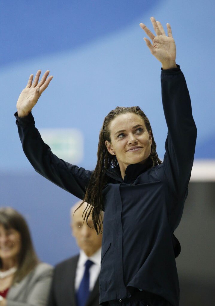 Jul 14, 2015; Toronto, Ontario, CAN; Natalie Coughlin of the United States waves to the crowd after placing second in the women's 100m freestyle swimming final during the 2015 Pan Am Games at Pan Am Aquatics UTS Centre and Field House. Mandatory Credit: Erich Schlegel-USA TODAY Sports