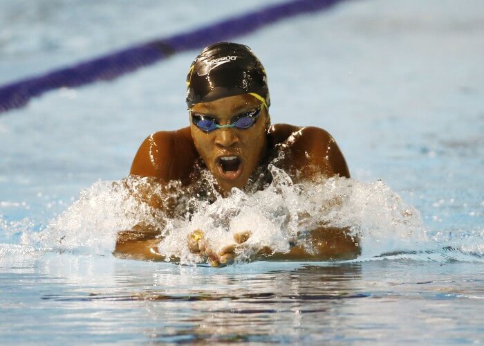 Jul 18, 2015; Toronto, Ontario, CAN; Alia Atkinson of Jamaica competes in the women's swimming 200m individual medley during the 2015 Pan Am Games at Pan Am Aquatics UTS Centre and Field House. Mandatory Credit: Rob Schumacher-USA TODAY Sports