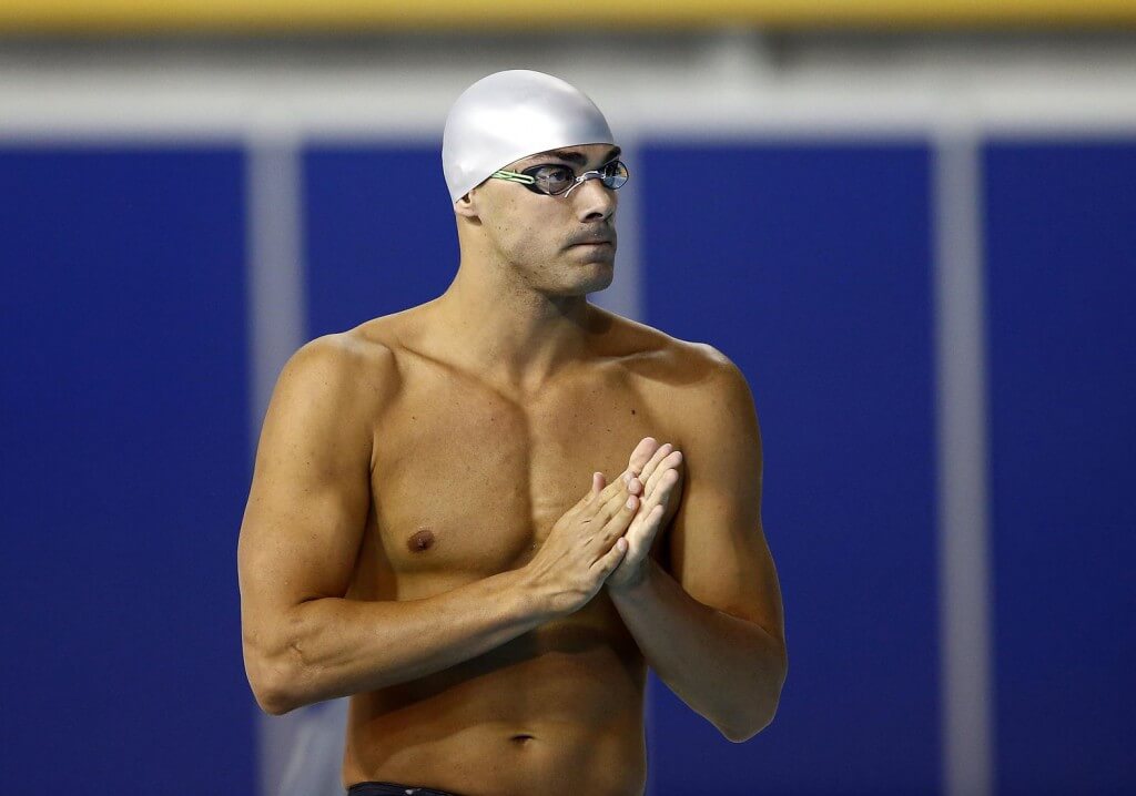 Jul 15, 2015; Toronto, Ontario, CAN; Joao De Lucca of Brazil before the men's 200m freestyle preliminary heat during the 2015 Pan Am Games at Pan Am Aquatics UTS Centre and Field House. Mandatory Credit: Rob Schumacher-USA TODAY Sports