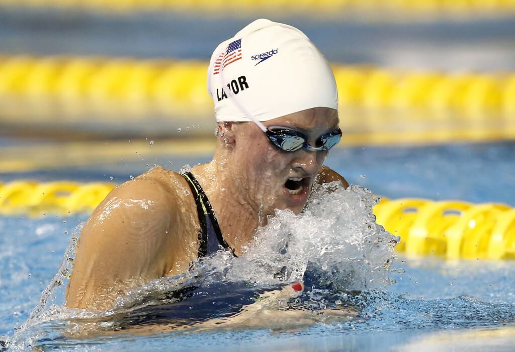 Jul 15, 2015; Toronto, Ontario, CAN; Annie Lazor of the United States competes in the women's 200m breaststroke preliminary heat during the 2015 Pan Am Games at Pan Am Aquatics UTS Centre and Field House. Mandatory Credit: Rob Schumacher-USA TODAY Sports