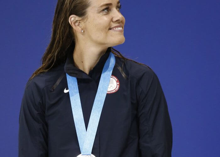 Jul 14, 2015; Toronto, Ontario, CAN; Natalie Coughlin of the United States reacts after receiving her silver medal after the women's 100m freestyle swimming final during the 2015 Pan Am Games at Pan Am Aquatics UTS Centre and Field House. Mandatory Credit: Rob Schumacher-USA TODAY Sports