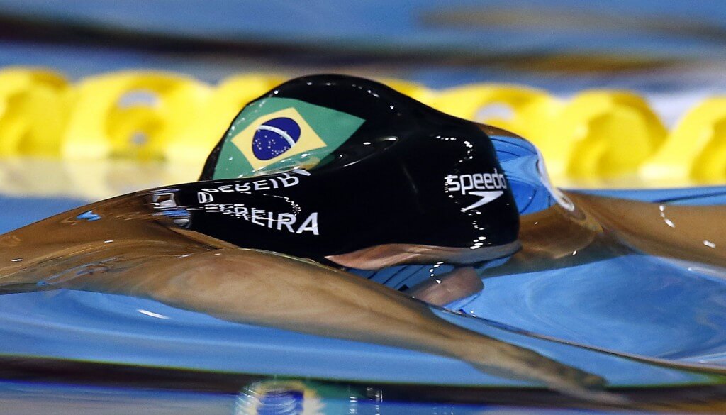 Jul 15, 2015; Toronto, Ontario, CAN; Thiago Pereira of Brazil competes in the men's 200m breaststroke preliminary heat during the 2015 Pan Am Games at Pan Am Aquatics UTS Centre and Field House. Mandatory Credit: Rob Schumacher-USA TODAY Sports