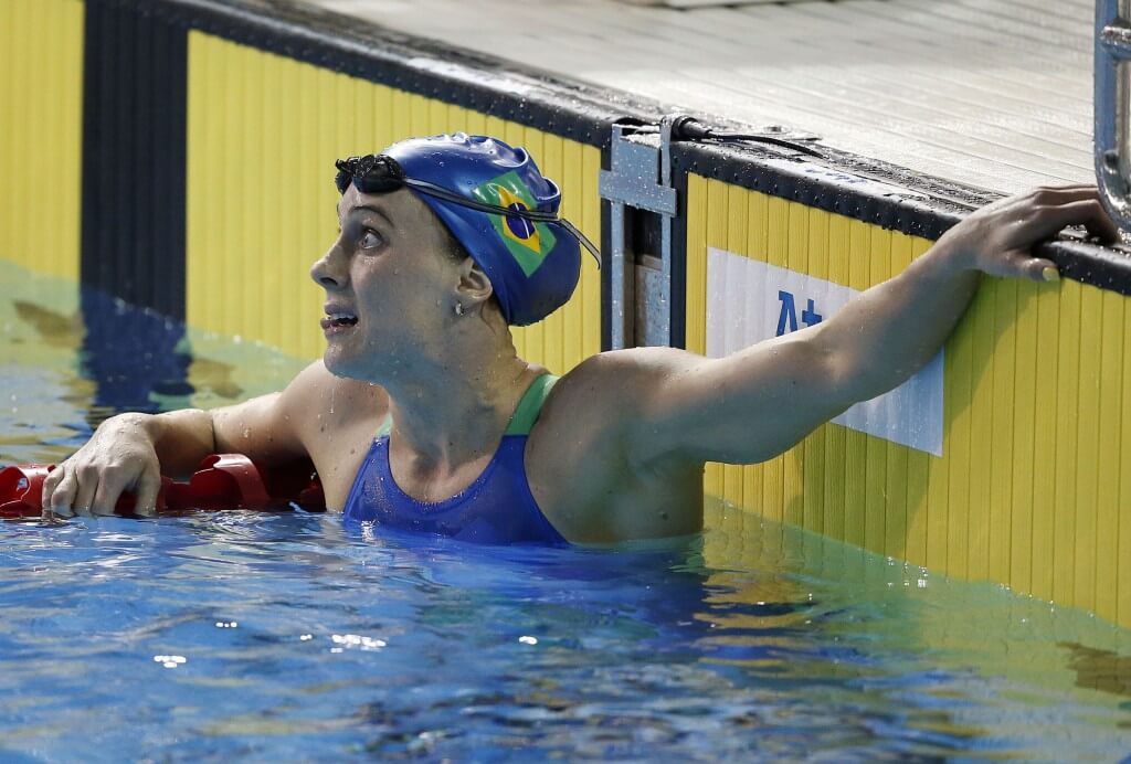 Jul 15, 2015; Toronto, Ontario, CAN; Manuella Lyrio of Brazil after the women’s 200m freestyle final during the 2015 Pan Am Games at Pan Am Aquatics UTS Centre and Field House. Mandatory Credit: Erich Schlegel-USA TODAY Sports