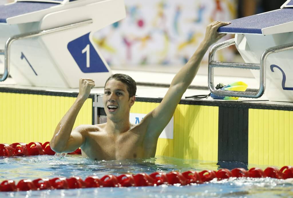 Jul 16, 2015; Toronto, Ontario, CAN; Brandonn Almeida of Brazil celebrates after winning the men's swimming 400m individual medley final during the 2015 Pan Am Games at Pan Am Aquatics UTS Centre and Field House. Mandatory Credit: Erich Schlegel-USA TODAY Sports