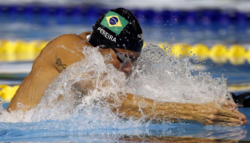 Jul 15, 2015; Toronto, Ontario, CAN; Thiago Pereira of Brazil competes in the men's 200m breaststroke preliminary heat during the 2015 Pan Am Games at Pan Am Aquatics UTS Centre and Field House. Mandatory Credit: Rob Schumacher-USA TODAY Sports