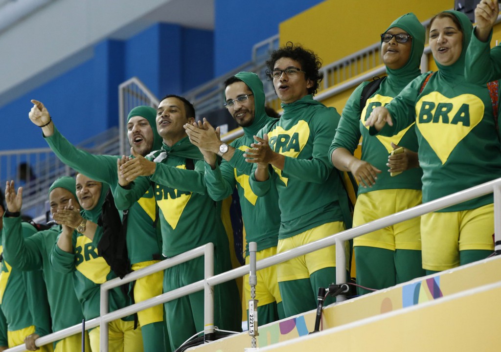 Jul 17, 2015; Toronto, Ontario, CAN; Fans of Brazil cheer after the men's 50m freestyle final the 2015 Pan Am Games at Pan Am Aquatics UTS Centre and Field House. Mandatory Credit: Erich Schlegel-USA TODAY Sports