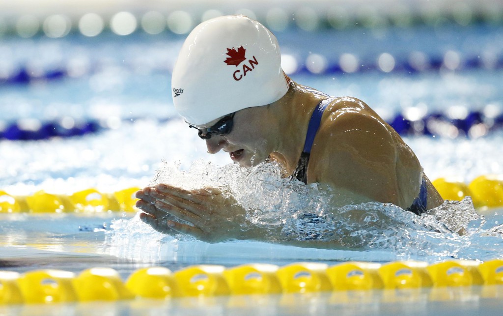Jul 15, 2015; Toronto, Ontario, CAN; Martha McCabe of Canada in the women's 200m breaststroke preliminary heat during the 2015 Pan Am Games at Pan Am Aquatics UTS Centre and Field House. Mandatory Credit: Erich Schlegel-USA TODAY Sports